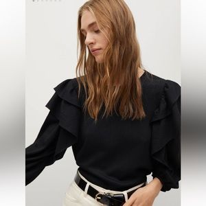 Mango Black Textured Ruffled 3/4 Sleeves Blouse